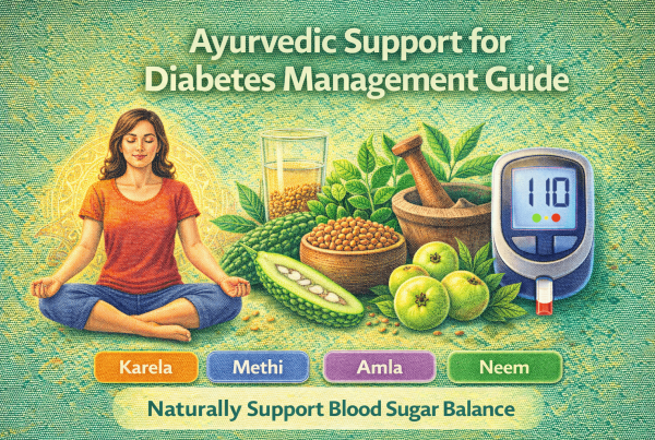 Ayurvedic Support for Diabetes Management showing karela, methi, amla, neem, meditation, and blood sugar monitor