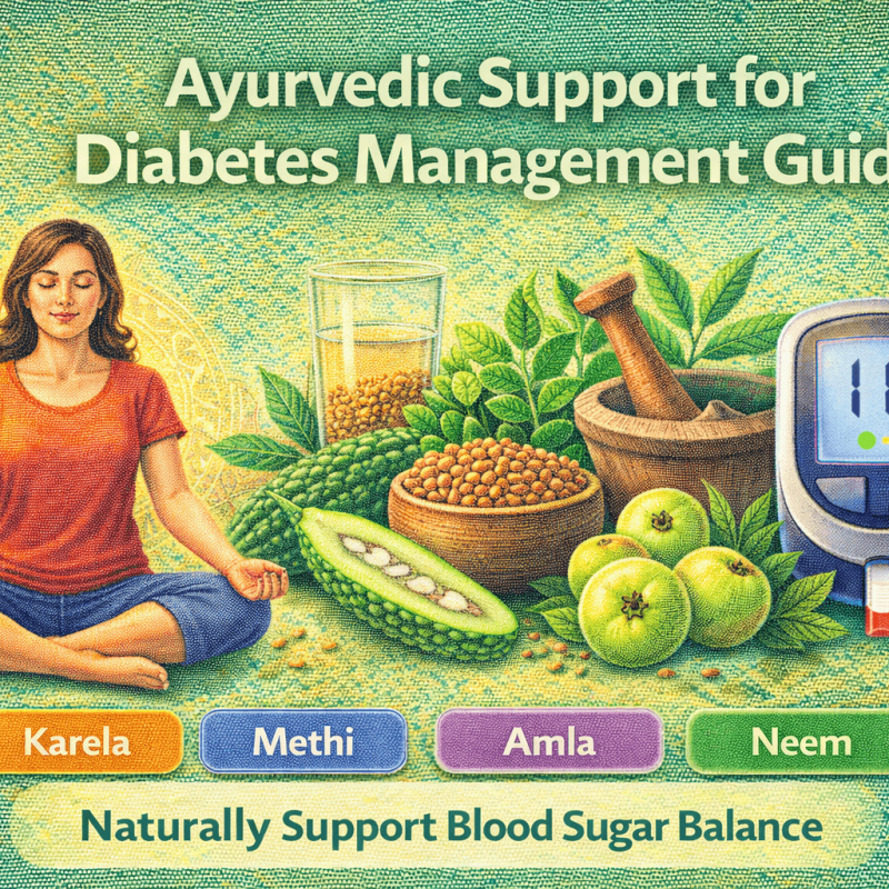 Ayurvedic Support for Diabetes Management showing karela, methi, amla, neem, meditation, and blood sugar monitor
