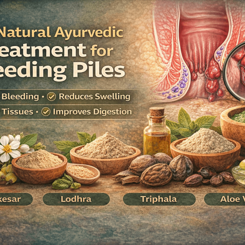 Ayurvedic Treatment for Bleeding Piles showing herbal remedies that reduce bleeding and swelling naturally