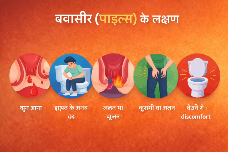 बवासीर के लक्षण जैसे खून आना, मल त्याग के समय दर्द, जलन, सूजन और बैठने में असहजता