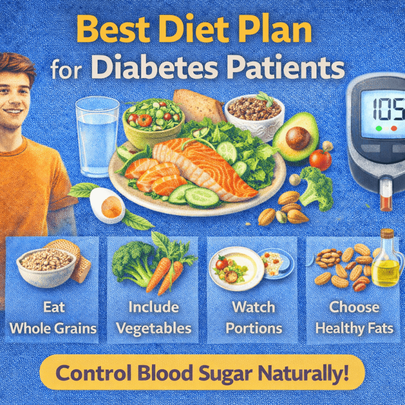 Best Diet Plan for Diabetes Patients infographic showing healthy foods, portion control, and blood sugar monitoring