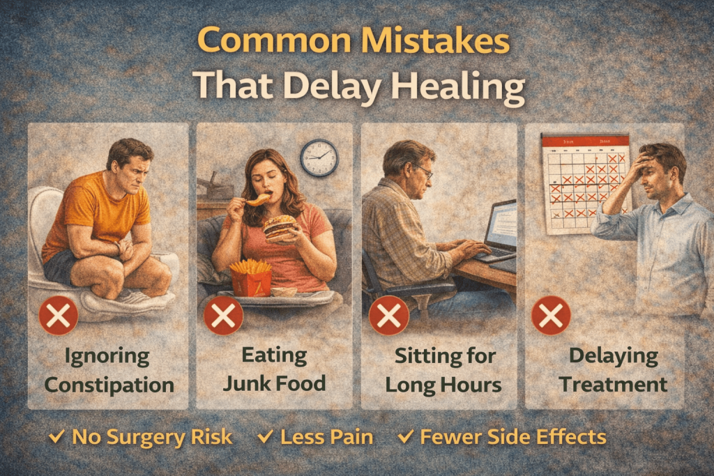 Common mistakes that delay piles healing such as ignoring constipation, eating junk food, and sitting long hours | Piles Treatment Without Surgery