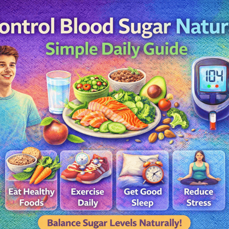 Control Blood Sugar Naturally infographic showing healthy food, glucose meter, exercise, sleep, and stress management tips
