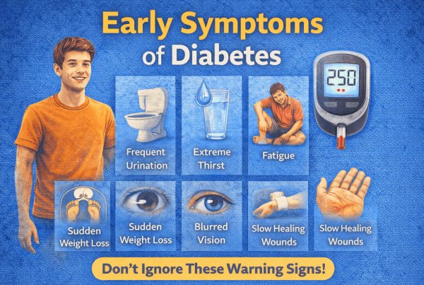 Early Symptoms of Diabetes infographic showing frequent urination, extreme thirst, fatigue, and blurred vision