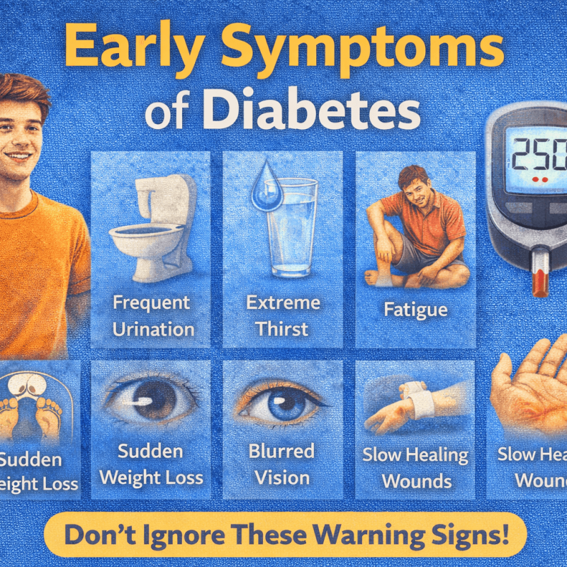 Early Symptoms of Diabetes infographic showing frequent urination, extreme thirst, fatigue, and blurred vision