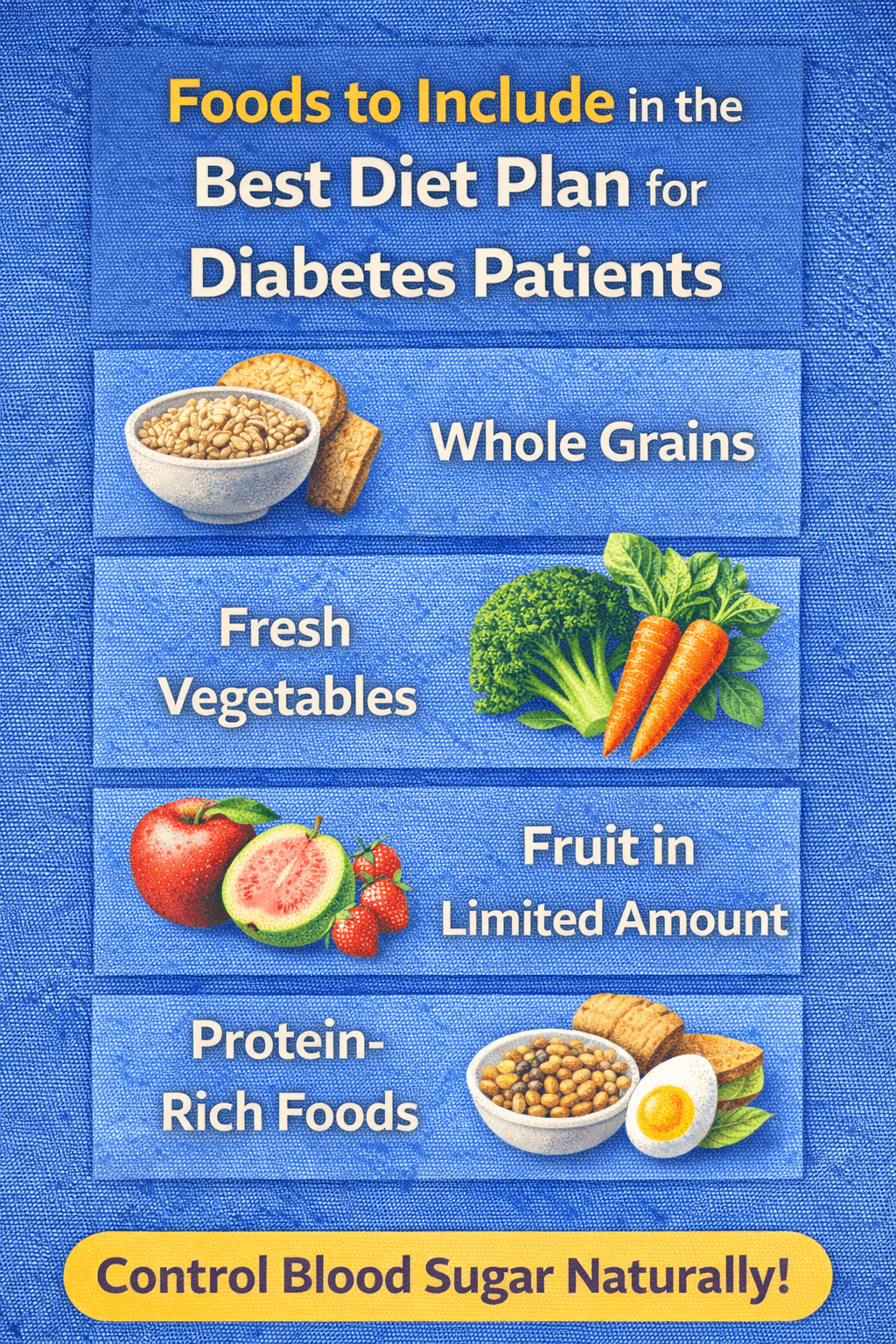 Foods to Include in the Best Diet Plan for Diabetes Patients such as whole grains, fresh vegetables, fruits in limited amount, and protein-rich foods