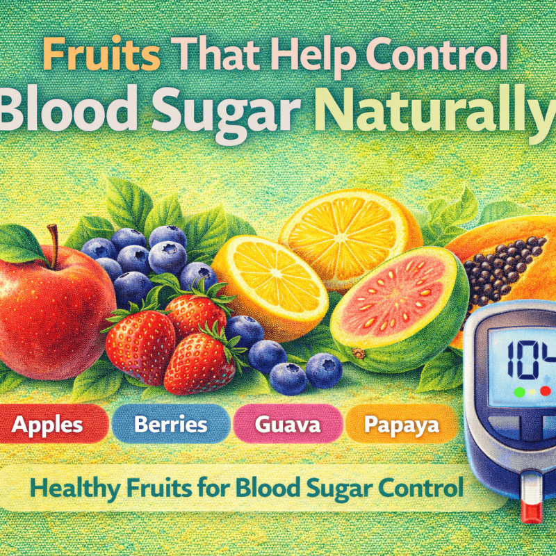 Fruits That Help Control Blood Sugar Naturally including apples, berries, guava, papaya, and oranges with glucose meter
