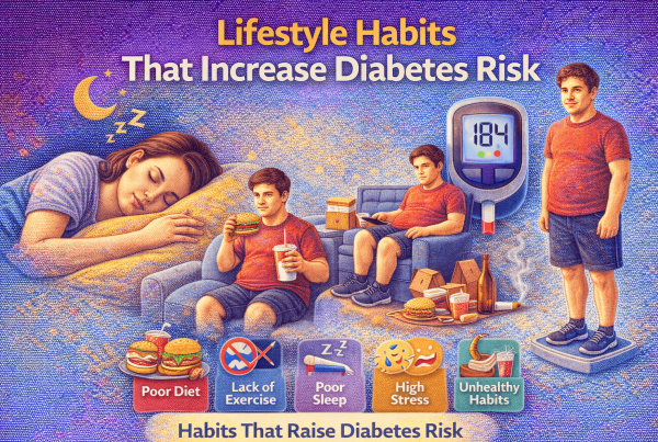 Lifestyle Habits That Increase Diabetes Risk including poor diet, lack of exercise, poor sleep, stress, and unhealthy habits