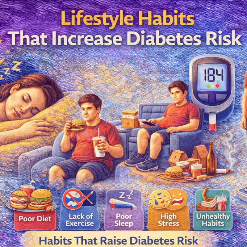 Lifestyle Habits That Increase Diabetes Risk including poor diet, lack of exercise, poor sleep, stress, and unhealthy habits