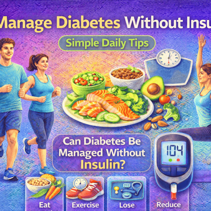 Manage Diabetes Without Insulin infographic showing healthy diet, exercise, weight control, and stress management tips