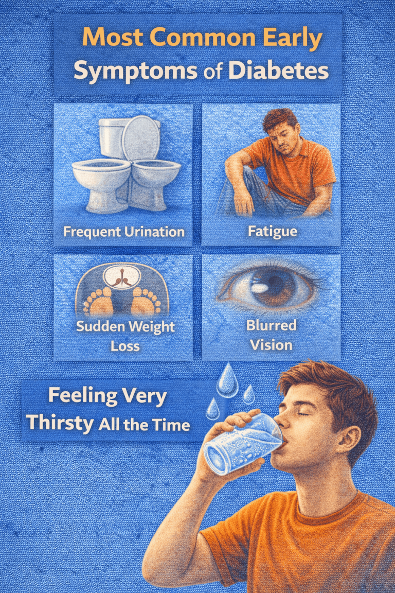 Most Common Early Symptoms of Diabetes including frequent urination, fatigue, sudden weight loss, blurred vision, and extreme thirst