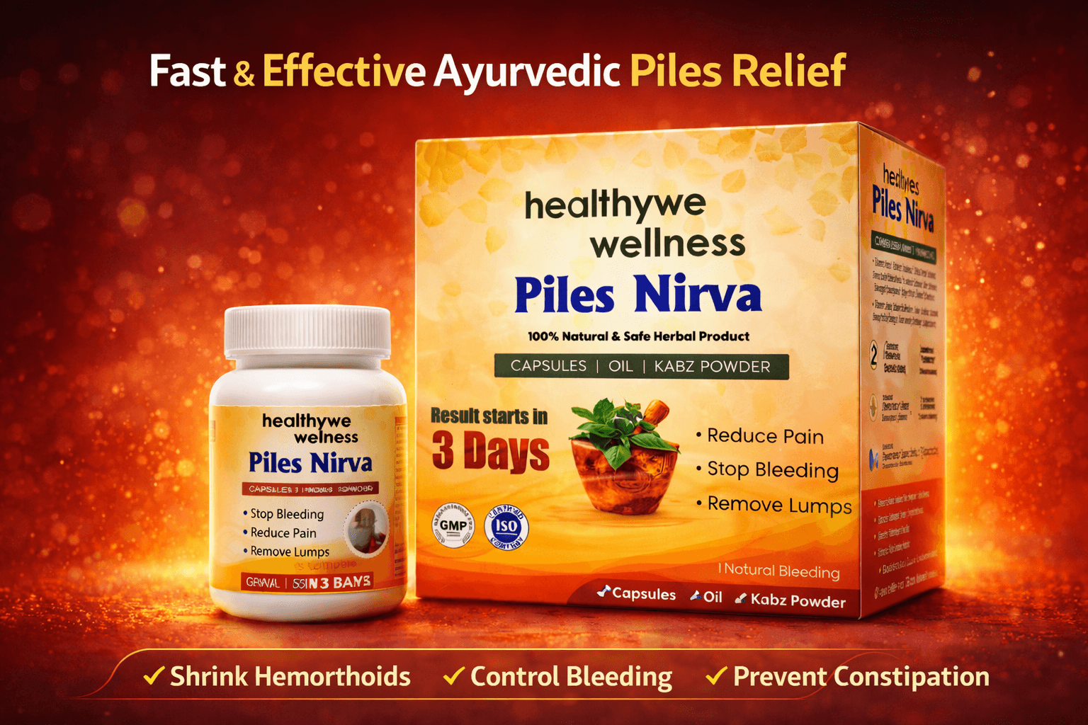 Front view of Healthywe Piles Nirva herbal hemorrhoids treatment kit