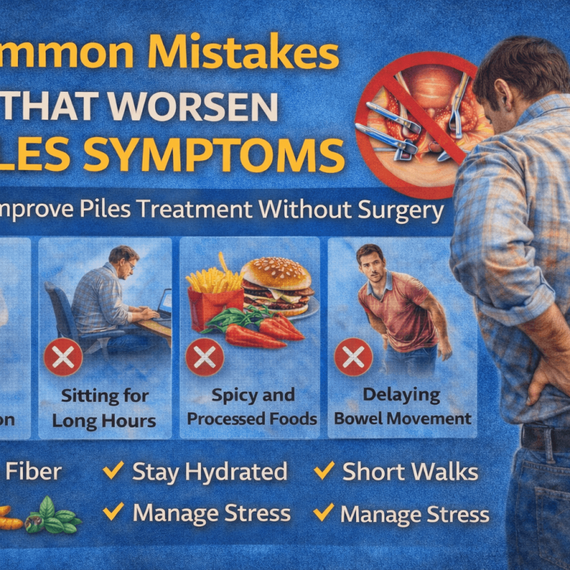 Piles Treatment Without Surgery infographic showing common mistakes that worsen piles symptoms