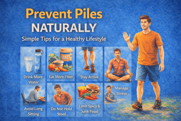 Prevent Piles Naturally infographic showing simple lifestyle habits like drinking water, eating fiber, and staying active