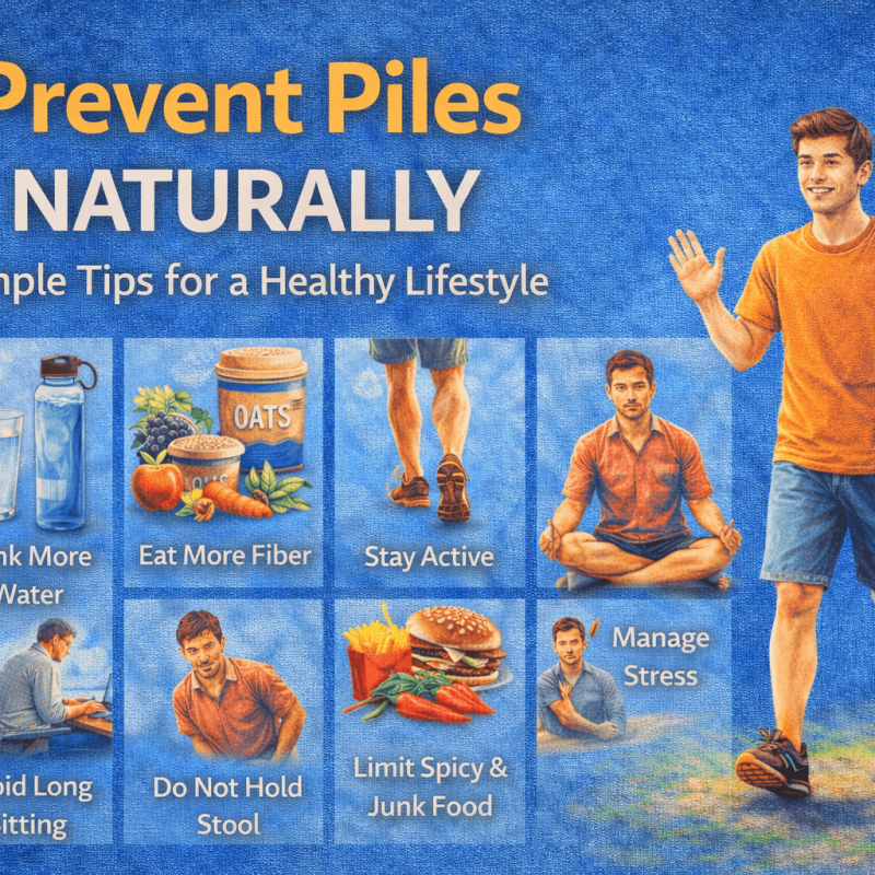 Prevent Piles Naturally infographic showing simple lifestyle habits like drinking water, eating fiber, and staying active