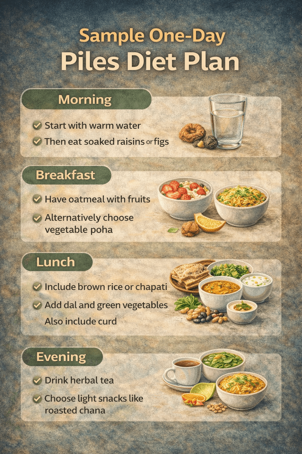 Sample One-Day Piles Diet Plan showing morning, breakfast, lunch, and evening meal suggestions for hemorrhoids relief