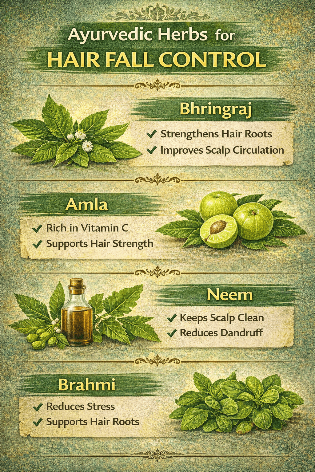 Bhringraj, Amla, Neem, and Brahmi are powerful Ayurvedic herbs that help strengthen hair roots and reduce hair fall naturally.