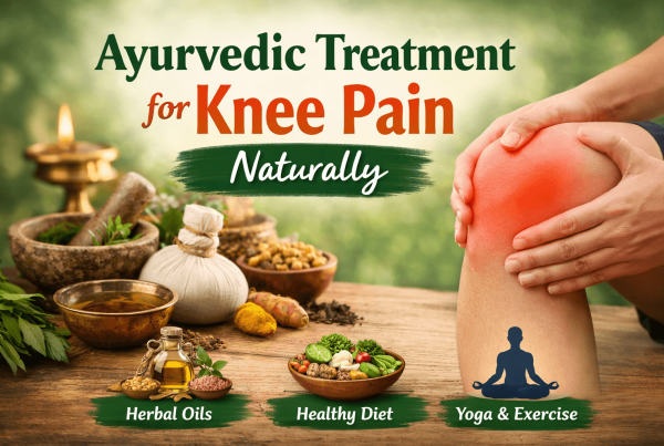 Ayurvedic treatment for knee pain with herbal oils, natural remedies, and yoga for joint relief