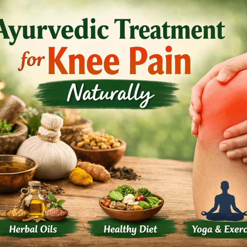 Ayurvedic treatment for knee pain with herbal oils, natural remedies, and yoga for joint relief