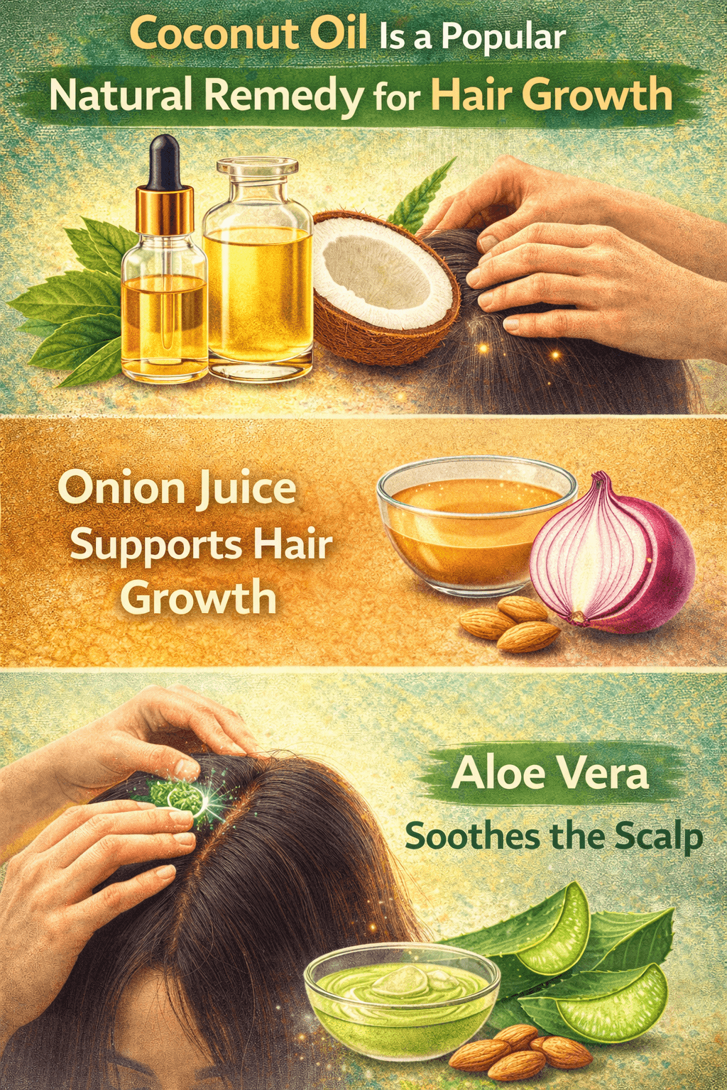 Coconut oil, onion juice, and aloe vera as natural remedies for hair growth and scalp nourishment