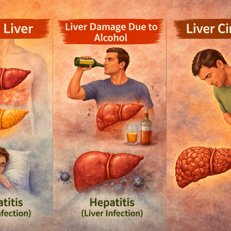 Illustration showing common liver problems including fatty liver, hepatitis, liver damage due to alcohol and liver cirrhosis with visual comparison