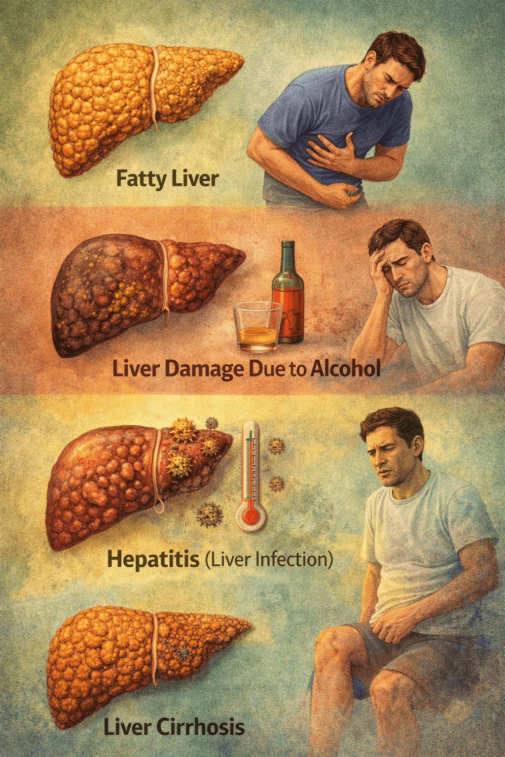 Infographic showing fatty liver, liver damage due to alcohol, hepatitis infection and liver cirrhosis with visual explanation of liver conditions