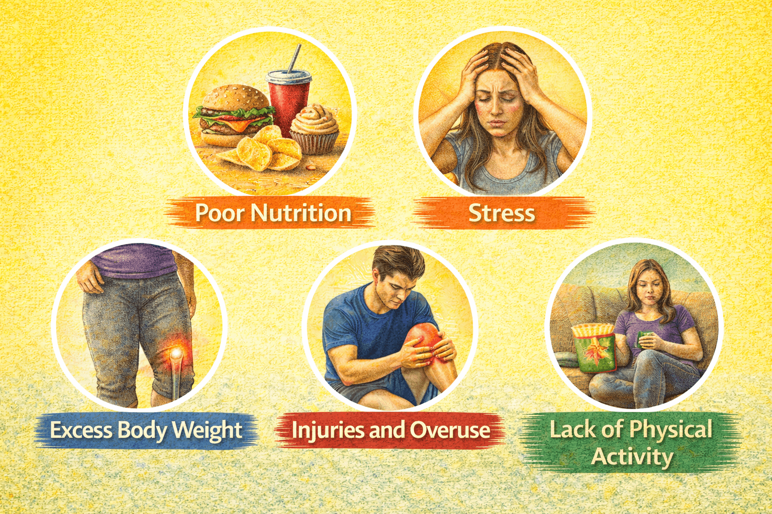 lifestyle causes of joint pain in young adults including poor nutrition stress excess body weight injuries and lack of physical activity