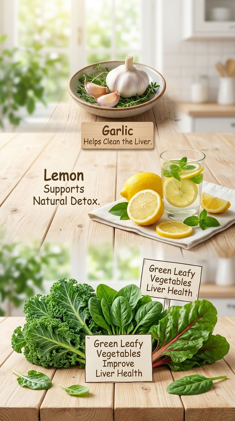garlic lemon and green leafy vegetables for liver detox naturally improving liver health