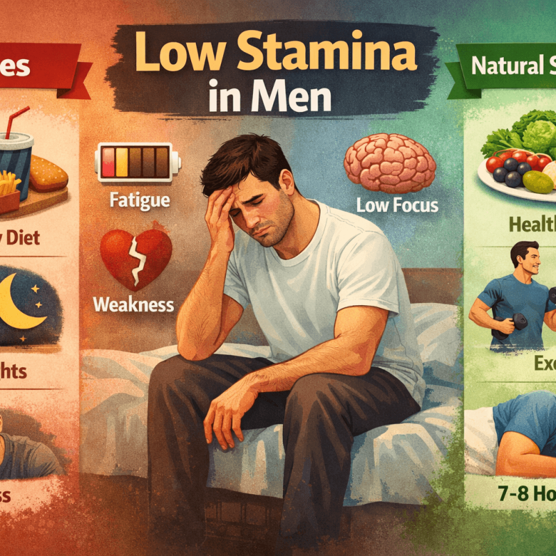 Low stamina in men showing fatigue, weakness, poor diet habits, and natural solutions like exercise, sleep, and healthy food