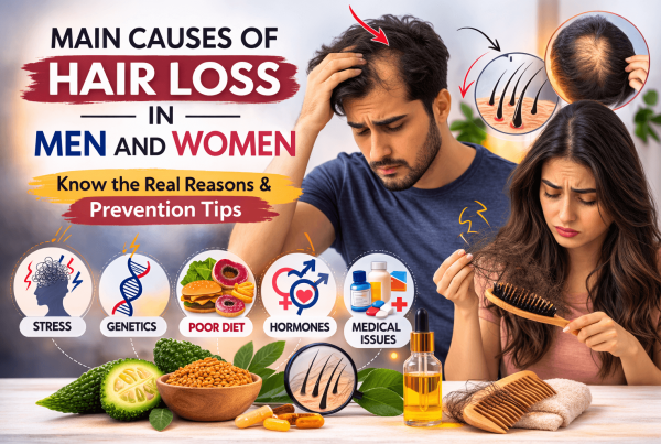 Main Causes of Hair Loss in Men and Women including stress, genetics, hormonal imbalance, poor diet, and scalp problems