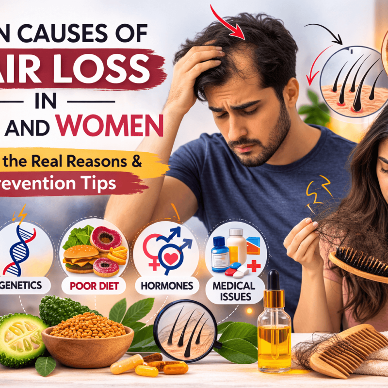 Main Causes of Hair Loss in Men and Women including stress, genetics, hormonal imbalance, poor diet, and scalp problems