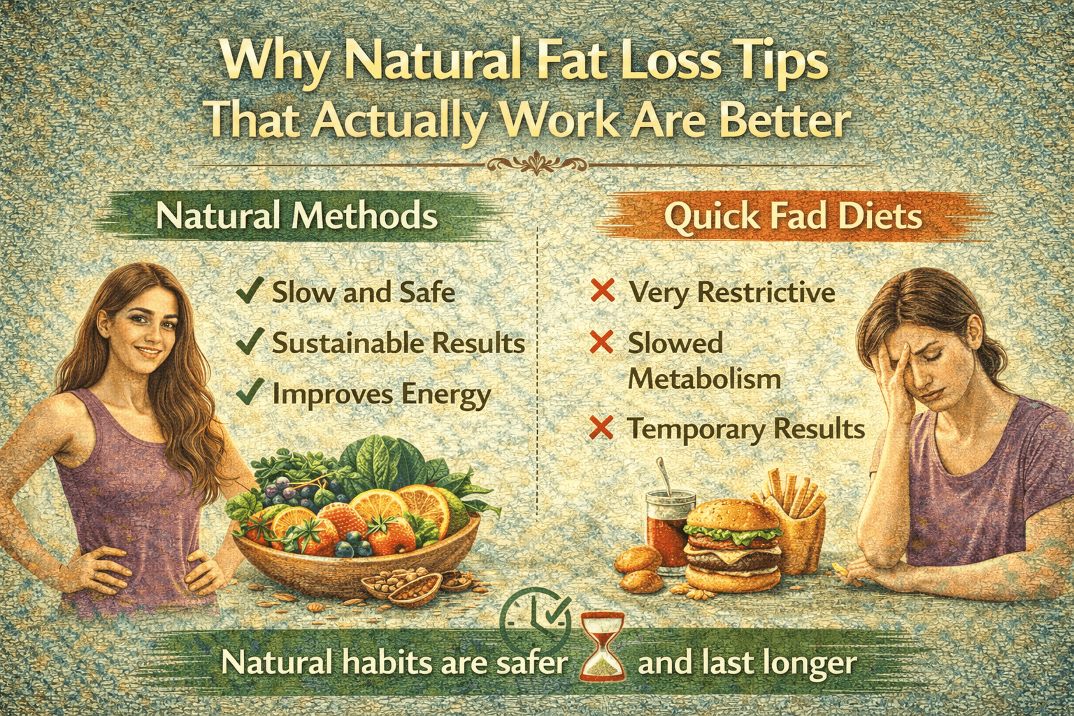 comparison of natural fat loss methods and crash diets showing healthy lifestyle benefits versus temporary results