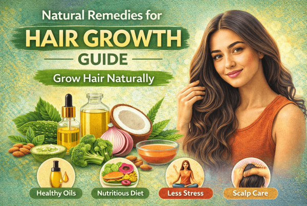 Natural Remedies for Hair Growth showing coconut oil, onion juice, aloe vera, healthy diet, and scalp care tips