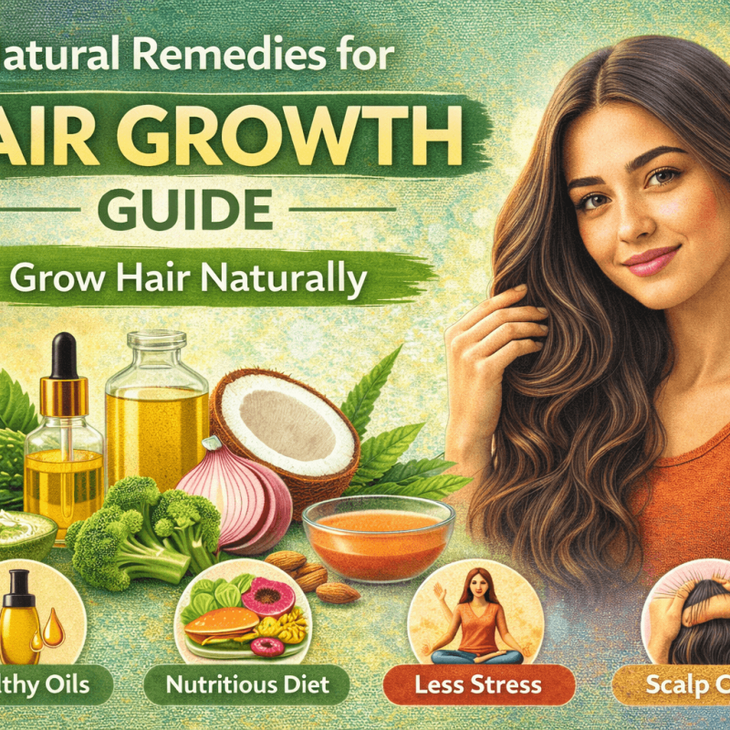 Natural Remedies for Hair Growth showing coconut oil, onion juice, aloe vera, healthy diet, and scalp care tips