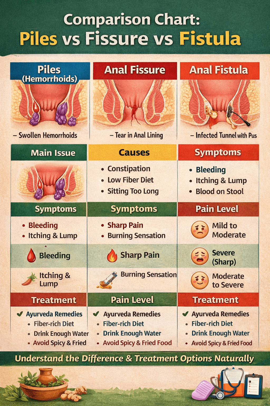 piles vs fissure vs fistula comparison chart showing symptoms causes pain level and treatment differences