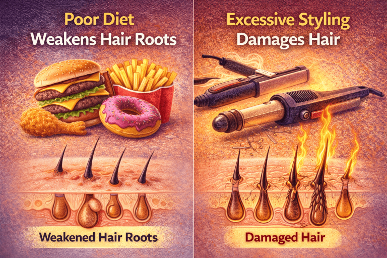 Poor diet weakens hair roots and excessive styling damages hair leading to hair loss in men and women