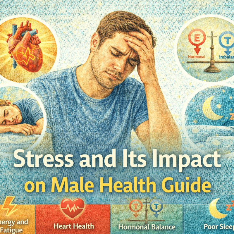 stress and its impact on male health showing fatigue heart problems hormonal imbalance and poor sleep effects