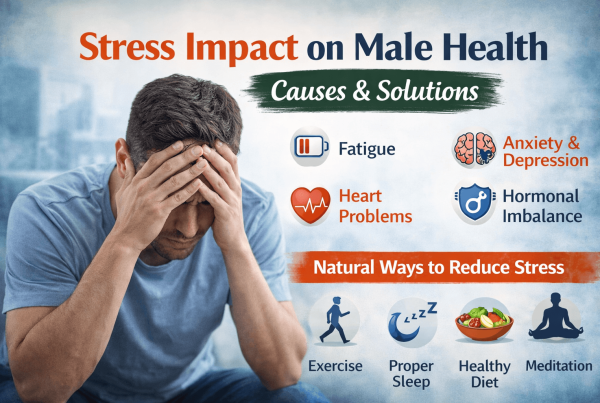 Stress impact on male health with symptoms like fatigue, anxiety, hormonal imbalance and natural stress relief methods