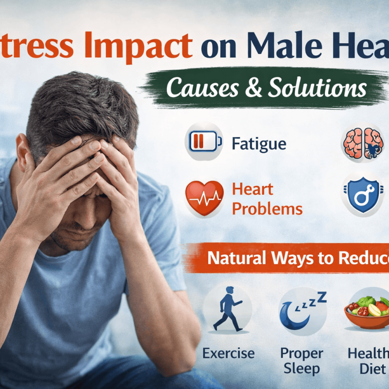 Stress impact on male health with symptoms like fatigue, anxiety, hormonal imbalance and natural stress relief methods