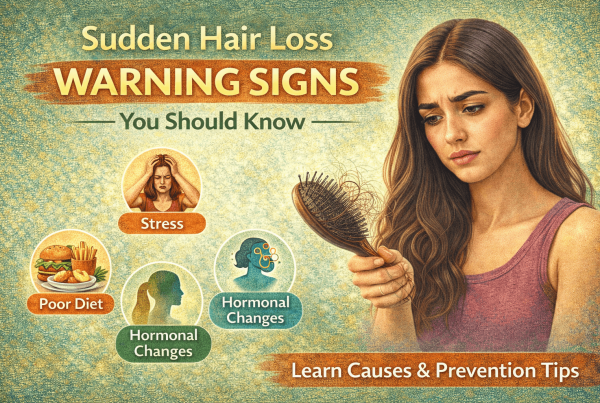 Sudden hair loss warning signs showing hair shedding, stress, poor diet and hormonal imbalance causes