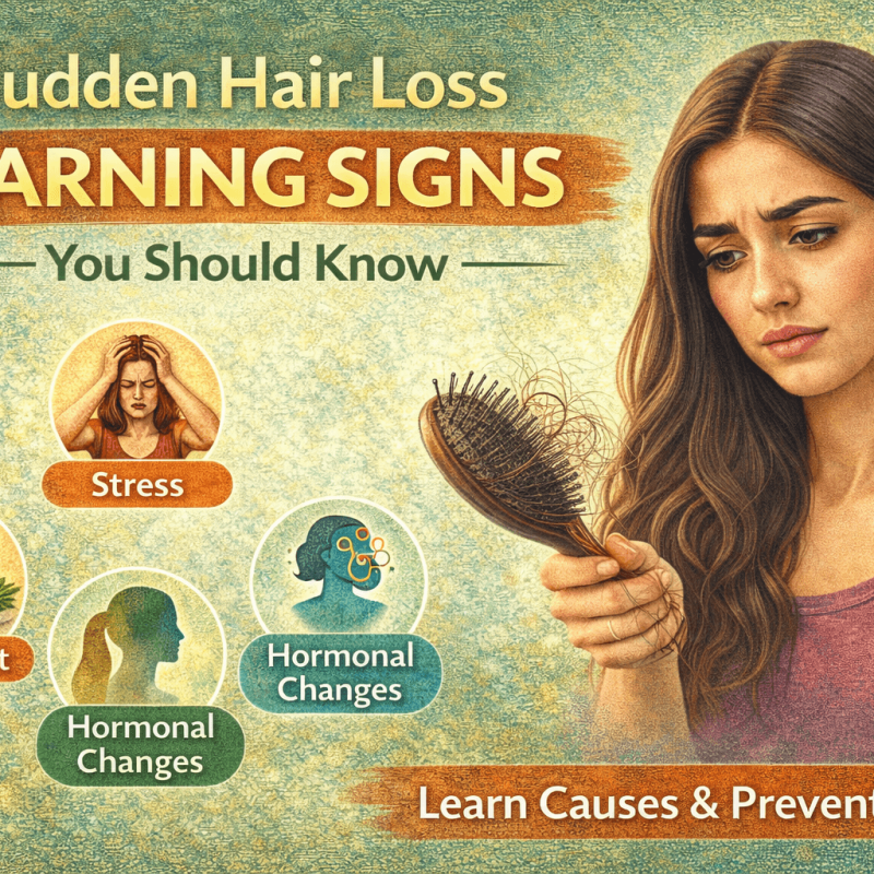 Sudden hair loss warning signs showing hair shedding, stress, poor diet and hormonal imbalance causes