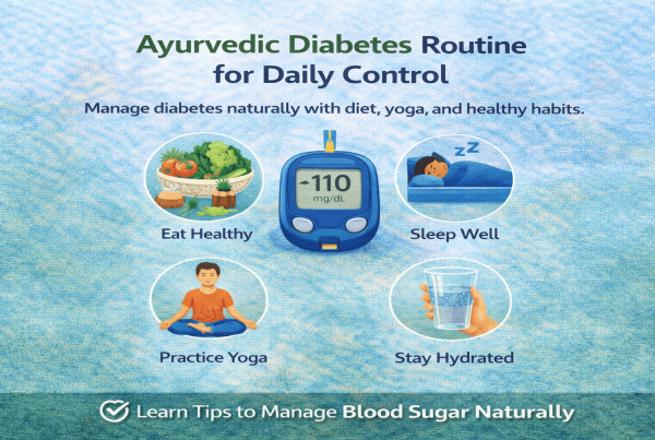 Infographic showing Ayurvedic diabetes routine for daily control including healthy eating yoga proper sleep hydration and blood sugar monitoring