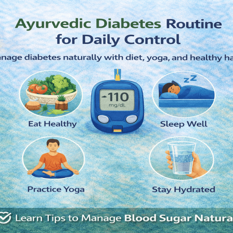 Infographic showing Ayurvedic diabetes routine for daily control including healthy eating yoga proper sleep hydration and blood sugar monitoring