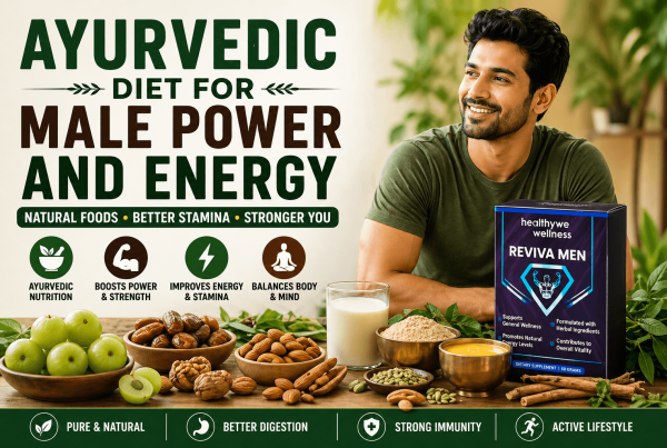 Promotional image showing Ayurvedic diet for male power and energy with natural foods and Revivamen supplement box for stamina and vitality