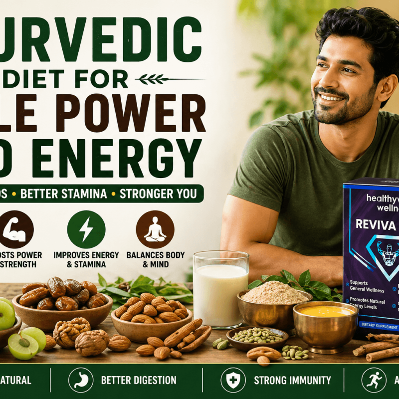 Promotional image showing Ayurvedic diet for male power and energy with natural foods and Revivamen supplement box for stamina and vitality