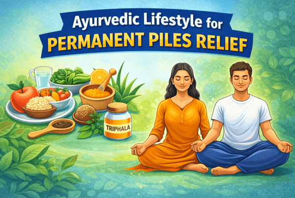 Illustration showing ayurvedic piles relief lifestyle including healthy food yoga meditation and natural herbal remedies for long term healing