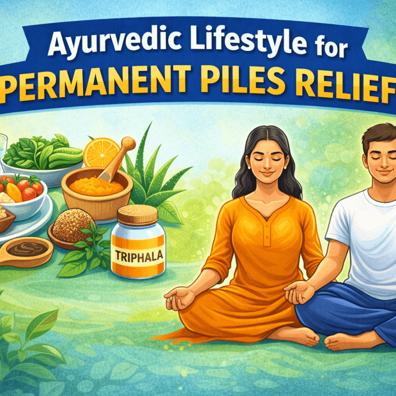 Illustration showing ayurvedic piles relief lifestyle including healthy food yoga meditation and natural herbal remedies for long term healing