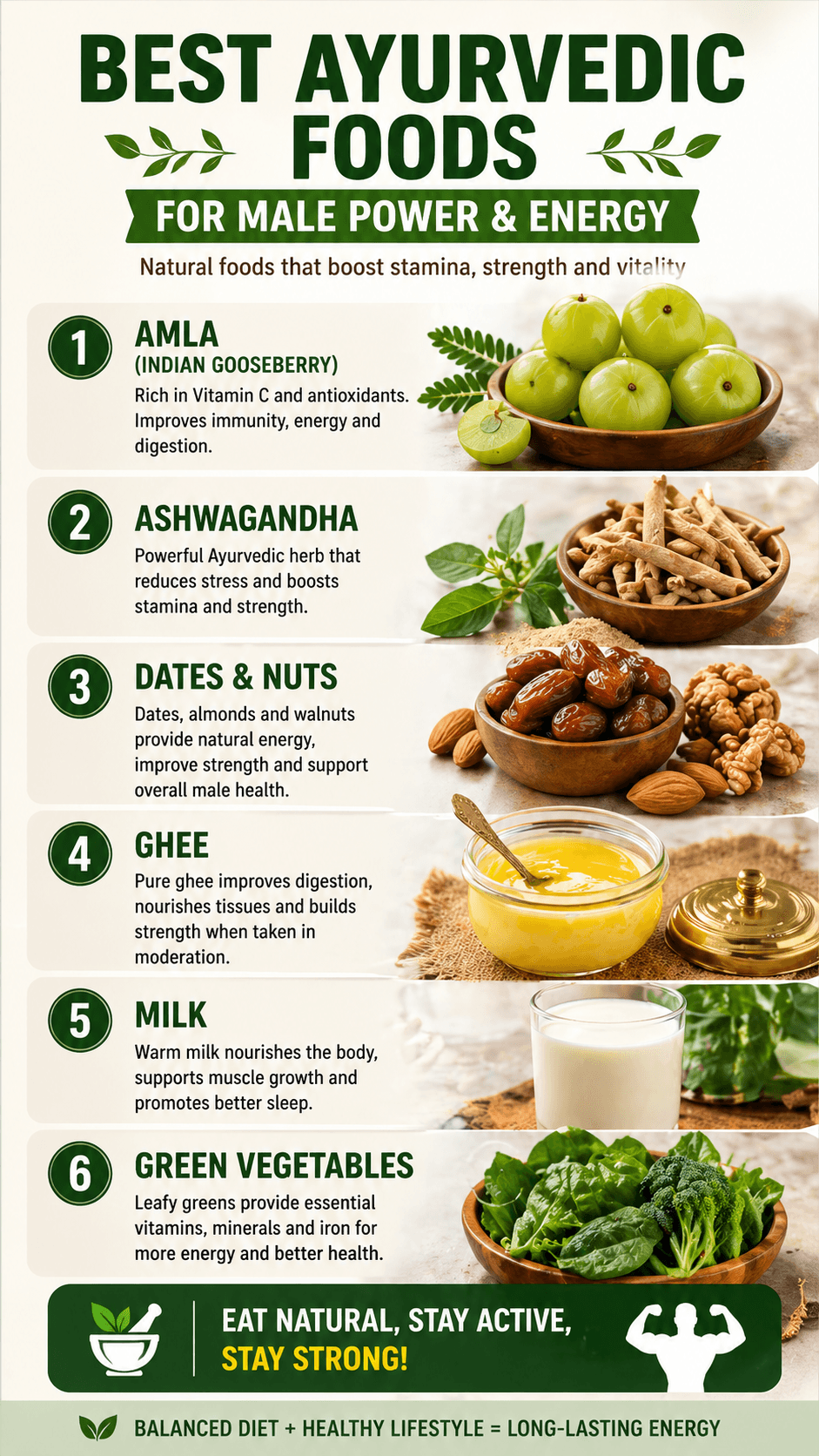 Infographic showing best Ayurvedic foods for male power such as amla ashwagandha dates nuts ghee milk and green vegetables for energy and stamina