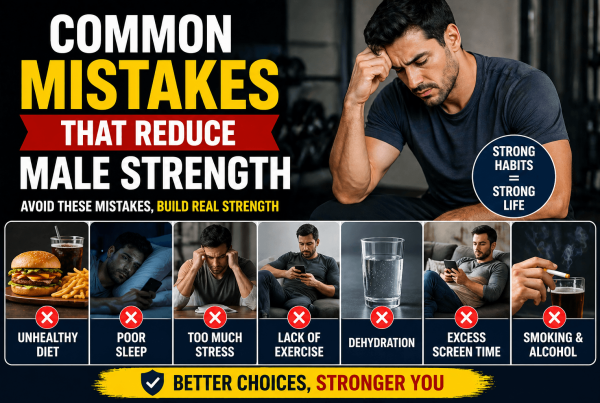 Featured image showing common mistakes that reduce male strength including poor sleep stress unhealthy diet lack of exercise dehydration and excessive screen time