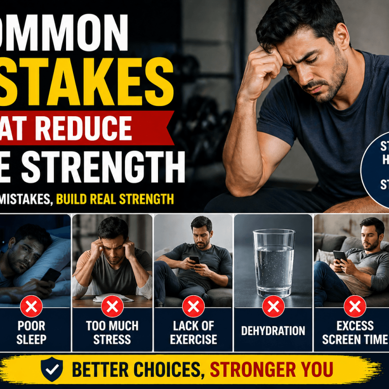 Featured image showing common mistakes that reduce male strength including poor sleep stress unhealthy diet lack of exercise dehydration and excessive screen time